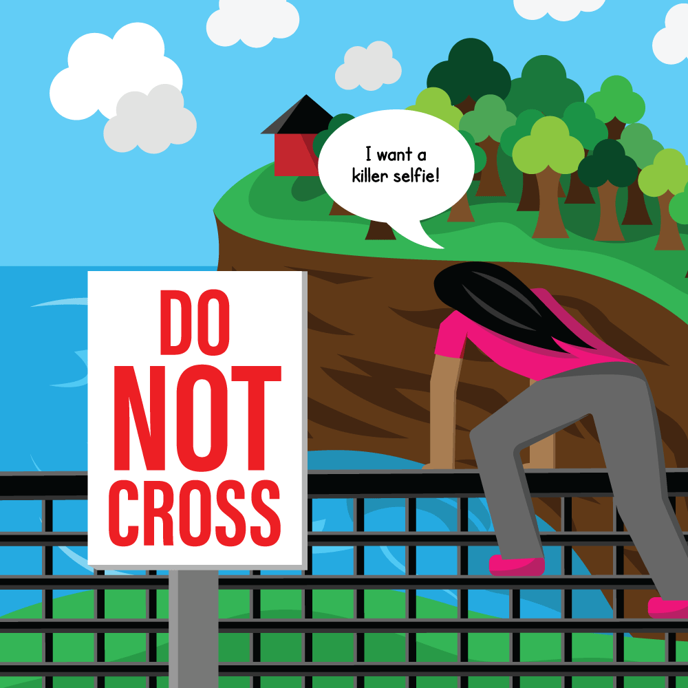 Girl climbs the fence ignoring the Do Not Cross sign and says,'I want a killer selfie!'